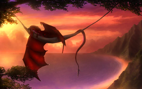Fantasy landscape HD wallpaper featuring a dragon resting in a hammock overlooking a serene mountain beach at sunset.