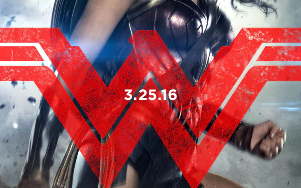 HD wallpaper featuring Wonder Woman from Batman V Superman: Dawn Of Justice, highlighted with a striking red emblem and the release date 3.25.16.