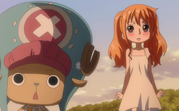 HD wallpaper of One Piece characters Tony Tony Chopper, depicted in chibi style, and a young orange-haired girl with a concerned expression, set against an outdoor backdrop with a cloudy sky.