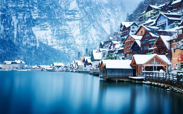 Man Made Hallstatt Towns Austria Lake Mountain Snow Winter Village HD Wallpaper | Background Image