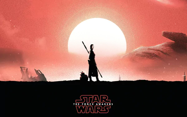 A dramatic silhouette of Rey and BB-8 against a vibrant sunset, showcasing iconic imagery from Star Wars Episode VII: The Force Awakens in stunning 4K Ultra HD.
