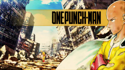 HD wallpaper featuring Saitama from One-Punch Man, standing amidst a desolate urban landscape, embodying the essence of the popular anime series.