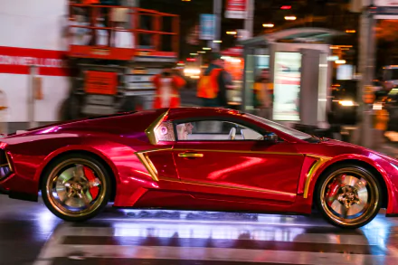 A vibrant, high-definition wallpaper featuring a sleek, shiny red car racing through a cityscape, inspired by the movie Suicide Squad.