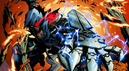 HD PC desktop wallpaper of Yaiba: Ninja Gaiden Z — hack-and-slash video game art: cyborg ninja with electrified mechanical arm lunges through a fiery battlefield.
