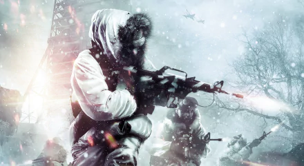 HD PC desktop wallpaper featuring a snowy battlefield scene from Call of Duty: Black Ops with armed soldiers in winter gear engaged in combat.