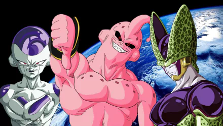 HD wallpaper featuring Dragon Ball Z villains Frieza, Majin Buu, and Cell against an Earth backdrop.