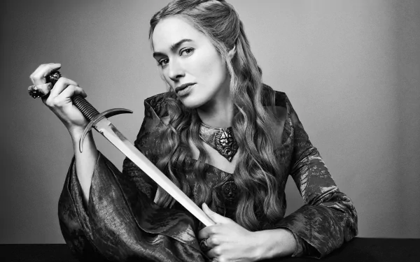 Black and white image of Cersei Lannister, portrayed by Lena Headey, confidently holding a sword. A striking desktop wallpaper inspired by the TV show Game of Thrones.
