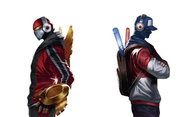 HD desktop wallpaper featuring Shen and Zed from League of Legends, showcasing their unique, stylish appearances with vibrant colors and high detail. Characters are positioned standing back to back.