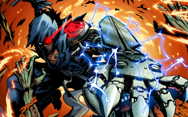 HD PC desktop wallpaper of Yaiba: Ninja Gaiden Z — hack-and-slash video game art: cyborg ninja with electrified mechanical arm lunges through a fiery battlefield.