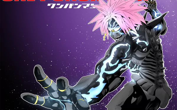 An HD desktop wallpaper featuring Lord Boros from One-Punch Man, showcasing his vibrant pink hair and dynamic pose against a cosmic background.