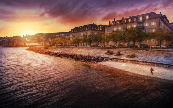 landscape sunset lake Switzerland man made Neuchâtel HD Desktop Wallpaper | Background Image