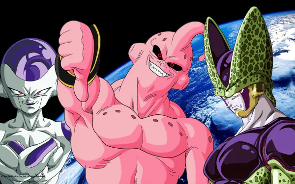 HD wallpaper featuring Dragon Ball Z villains Frieza, Majin Buu, and Cell against an Earth backdrop.