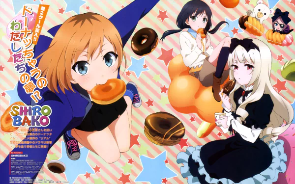 HD desktop wallpaper featuring characters from Shirobako anime amidst colorful decor and festive motifs.