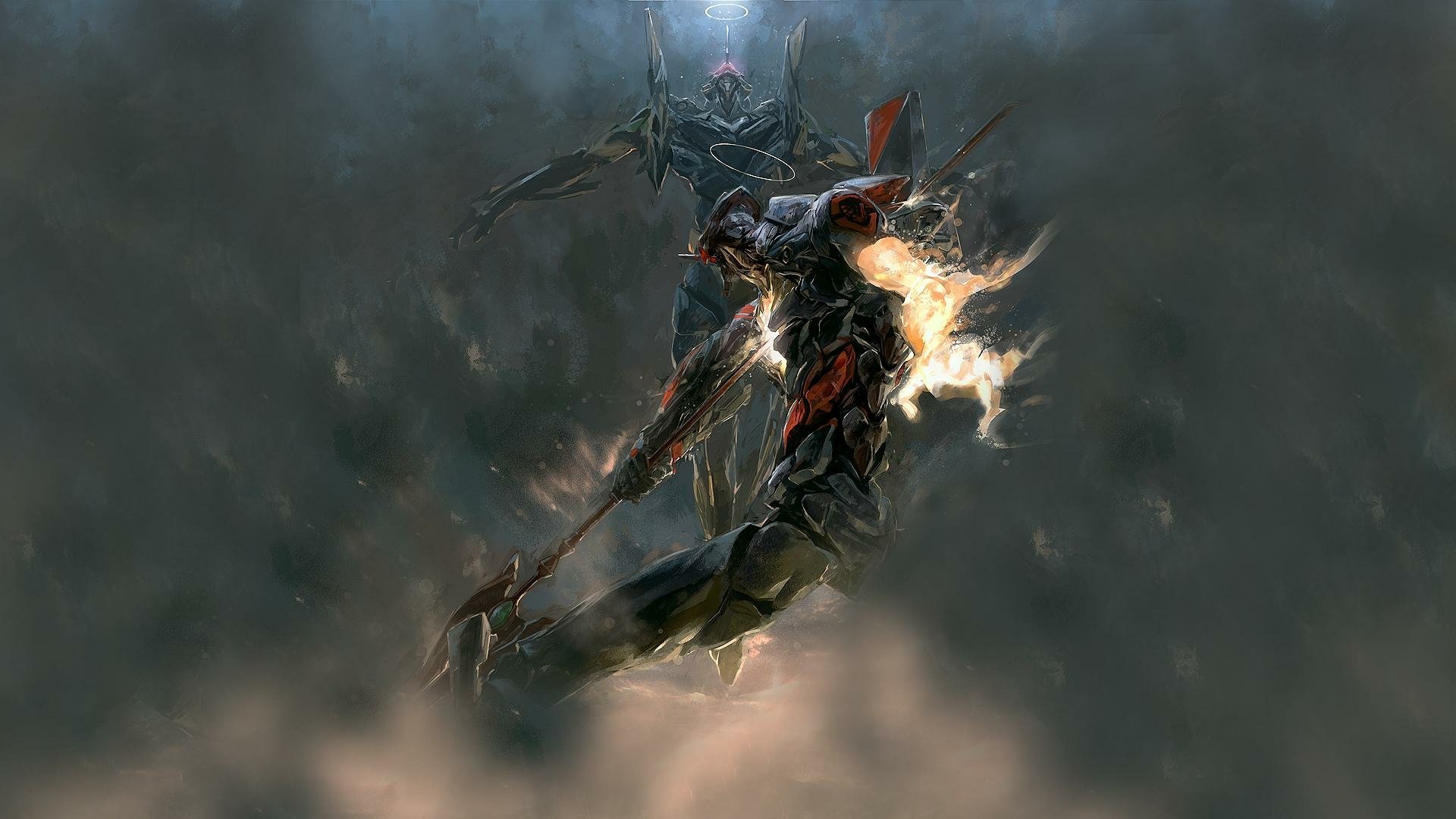 Evangelion Mark-06 and Unit-01 clash amidst a dramatic backdrop, showcasing dynamic action from the anime Neon Genesis Evangelion in this HD desktop wallpaper.