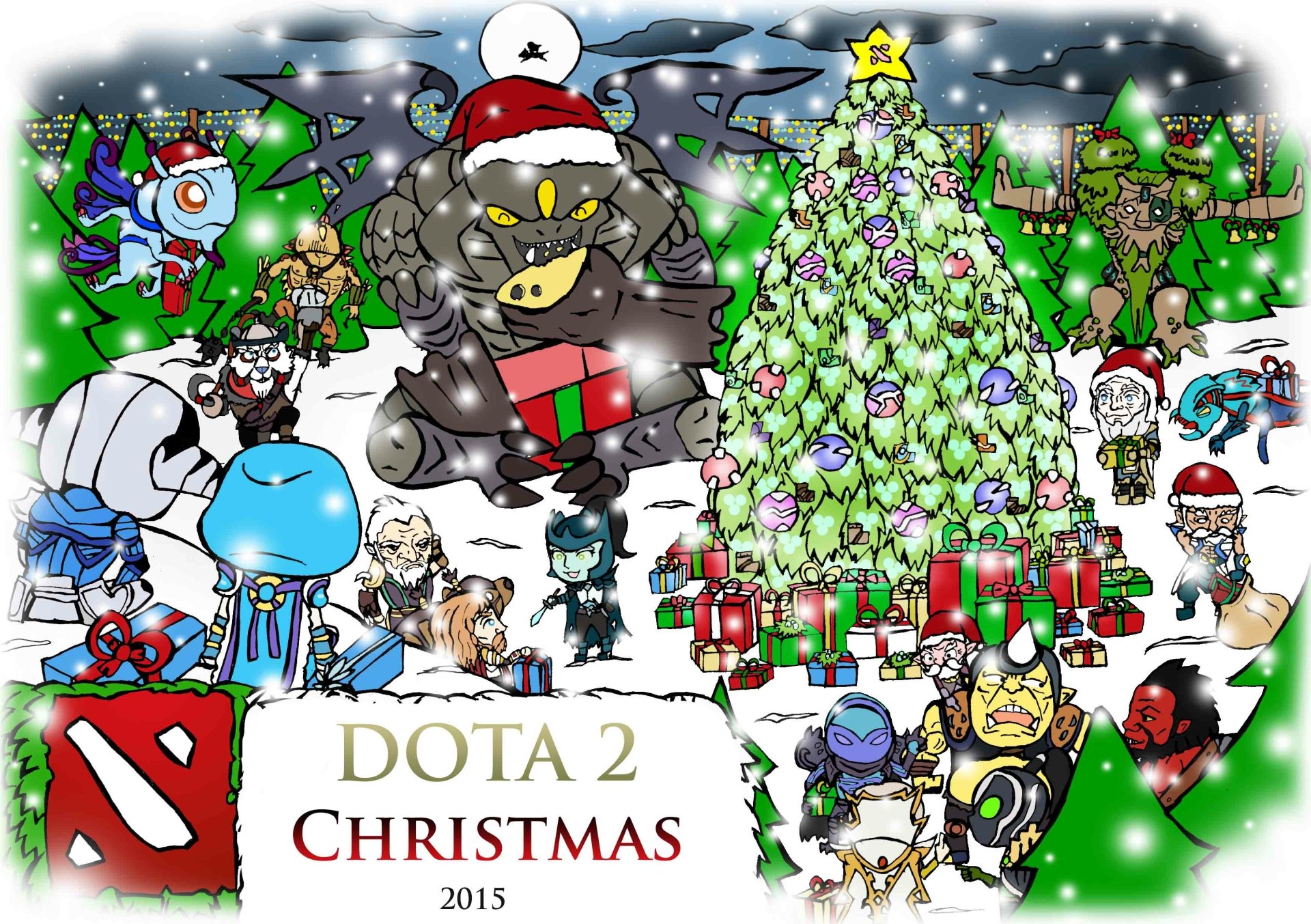 Festive DotA 2 video game 2K Quad HD PC desktop wallpaper: chibi heroes gathered around a decorated Christmas tree with presents, snow and holiday decorations.