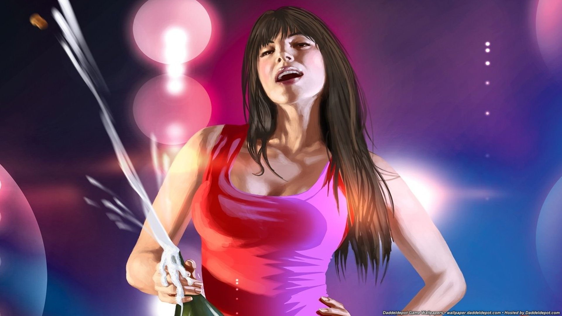 HD PC desktop wallpaper featuring a vibrant, stylized female character from the video game Grand Theft Auto IV, set against a colorful, dynamic background.