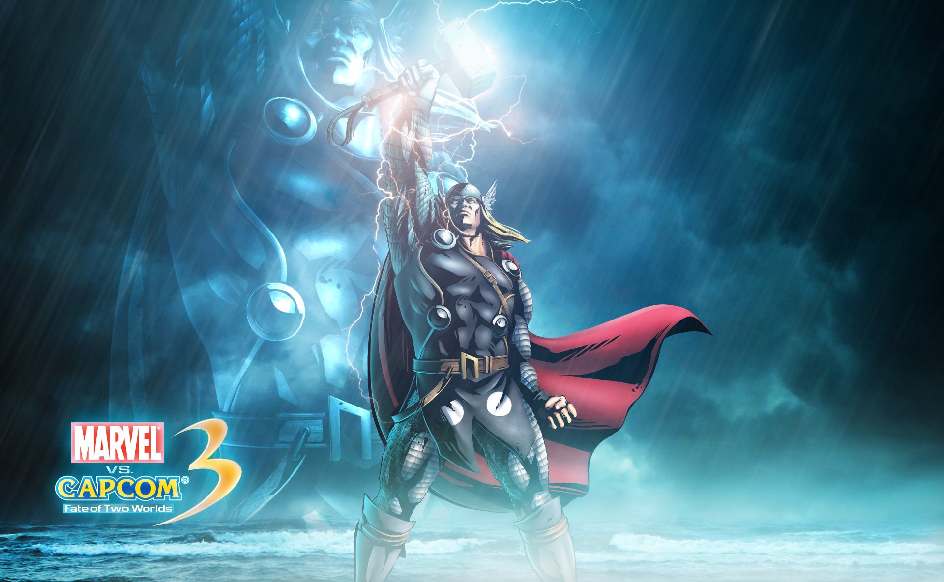 Thor from Marvel vs. Capcom 3: Fate of Two Worlds raises Mjolnir amid lightning and blue mist — 4K Ultra HD PC desktop wallpaper/background.