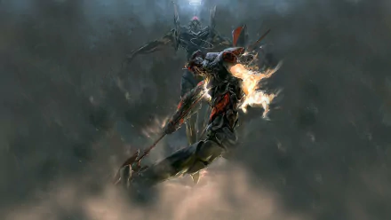 Evangelion Mark-06 and Unit-01 clash amidst a dramatic backdrop, showcasing dynamic action from the anime Neon Genesis Evangelion in this HD desktop wallpaper.