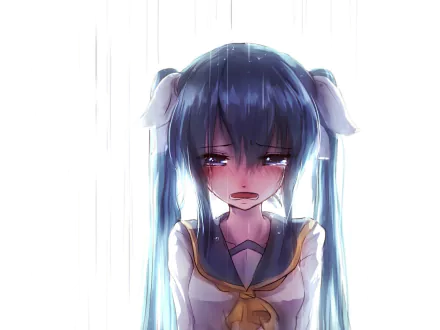 HD desktop wallpaper of Hatsune Miku from Vocaloid, displaying a sad expression with blue eyes and long blue hair in twin tails, wearing a school uniform. The anime-style artwork evokes a sense of melancholy.