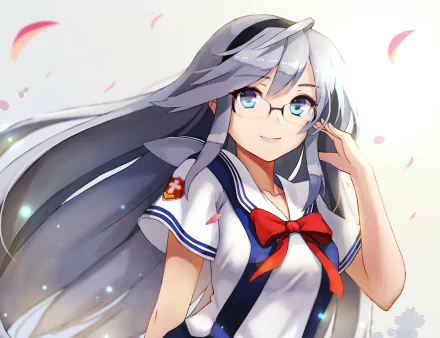 Anime character Tomoyo Sakagami features long purple hair and blue eyes, wearing a school uniform with a red bow. This HD wallpaper showcases a cheerful expression amidst soft petals.