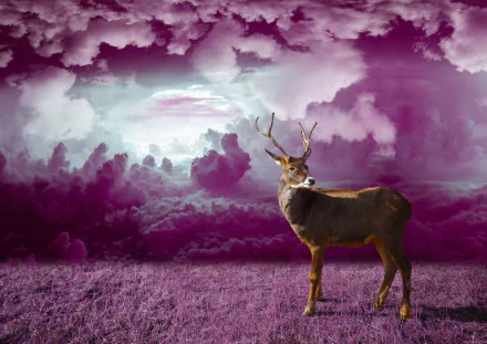 A reindeer stands on a purple field under a dramatic purple cloud-filled sky, creating a striking HD desktop wallpaper background.