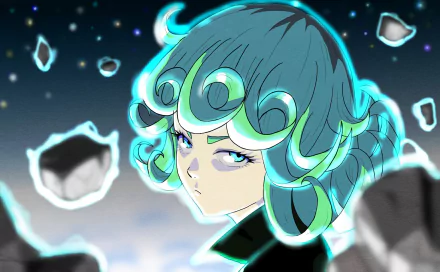 HD PC desktop wallpaper featuring Tatsumaki from the anime One-Punch Man, depicted with glowing turquoise hair and psychic energy floating around her.