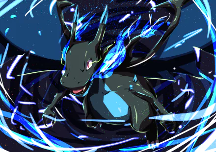 HD desktop wallpaper featuring Mega Charizard X, a Mega Evolution of Charizard, surrounded by dynamic blue energy swirls, set in an anime-style Pokémon artwork.