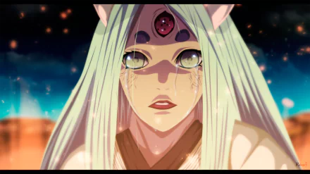 HD wallpaper of Kaguya Ōtsutsuki from the anime Naruto, featuring her with long white hair, a third eye on her forehead, and a focused expression against a night sky background.