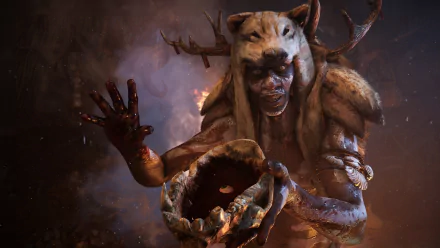 A powerful witch doctor or shaman from the video game Far Cry Primal, depicted in a striking HD PC wallpaper, showcasing dramatic lighting and intense expression.