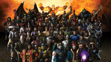 HD PC desktop wallpaper featuring characters from the video game Mortal Kombat: Armageddon in a fiery, intense background.