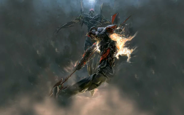 Evangelion Mark-06 and Unit-01 clash amidst a dramatic backdrop, showcasing dynamic action from the anime Neon Genesis Evangelion in this HD desktop wallpaper.