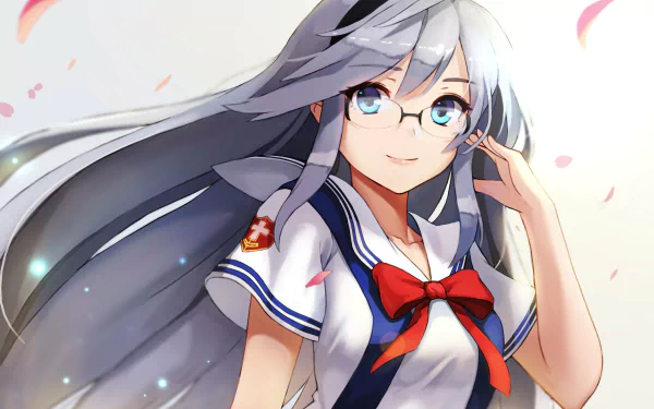 Anime character Tomoyo Sakagami features long purple hair and blue eyes, wearing a school uniform with a red bow. This HD wallpaper showcases a cheerful expression amidst soft petals.