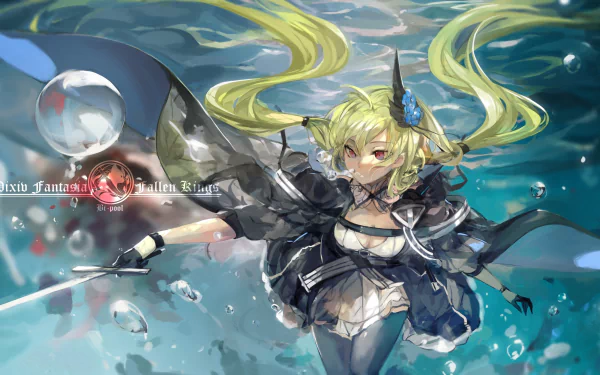 A blonde anime character with red eyes and long hair wields a sword underwater, surrounded by bubbles. This artwork is from Pixiv Fantasia: Fallen Kings. 