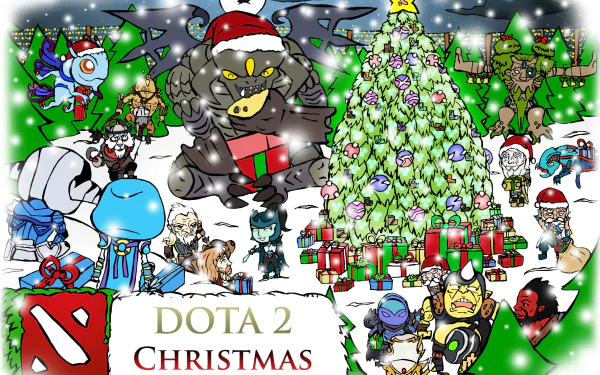Festive DotA 2 video game 2K Quad HD PC desktop wallpaper: chibi heroes gathered around a decorated Christmas tree with presents, snow and holiday decorations.