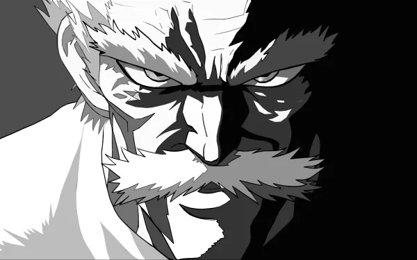 Black and white artwork of Bang from One-Punch Man, showcasing his intense expression. This 4K Ultra HD image serves as a striking desktop wallpaper and background.