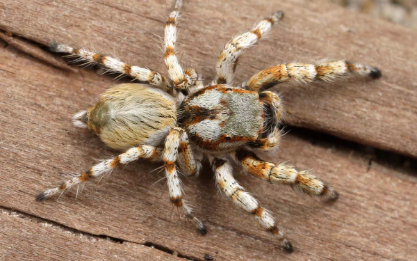 Close-up HD desktop wallpaper of a jumping spider with striped legs on a wooden surface, showcasing detailed textures and natural colors.