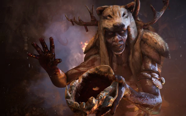 A powerful witch doctor or shaman from the video game Far Cry Primal, depicted in a striking HD PC wallpaper, showcasing dramatic lighting and intense expression.