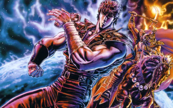 HD PC wallpaper featuring Kenshiro from Fist of the North Star in an intense action pose, inspired by Hokuto no Ken 6: Gekitou Denshouken - Haou Heno Michi video game.