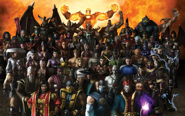 HD PC desktop wallpaper featuring characters from the video game Mortal Kombat: Armageddon in a fiery, intense background.