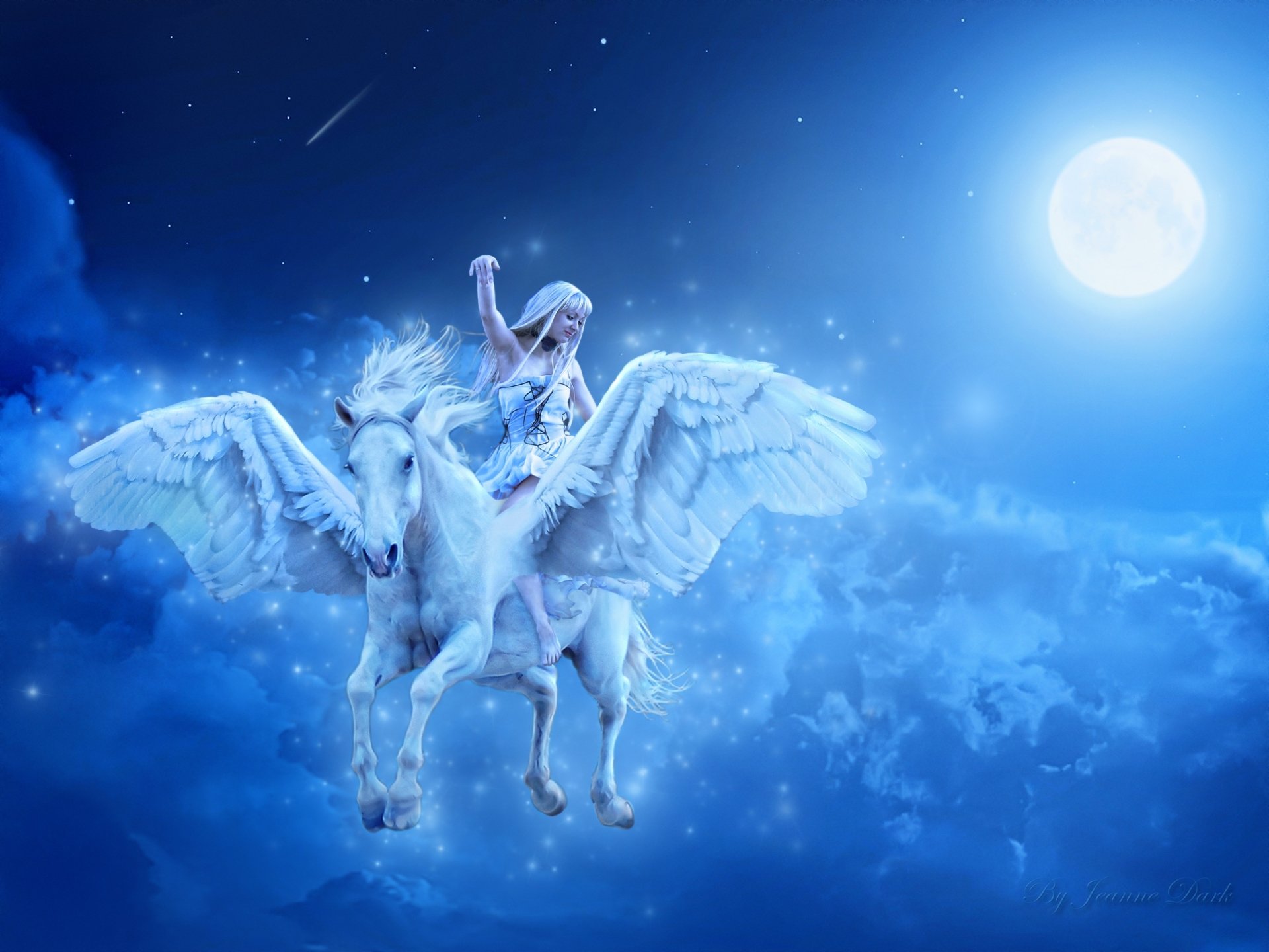 A graceful figure rides a majestic white Pegasus beneath a glowing blue moon, surrounded by dreamy clouds. This enchanting scene captures the essence of fantasy in HD wallpaper format.