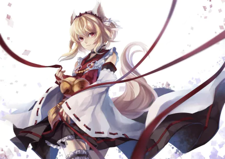 A blonde anime girl with short hair and animal ears stands elegantly, adorned in a detailed outfit, surrounded by flowing ribbons and soft, colorful accents, creating a captivating scene.
