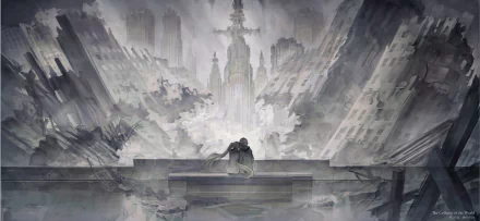 A dramatic HD wallpaper featuring William and Mary Macbeth from the anime Blood Blockade Battlefront, set against a surreal, urban landscape.
