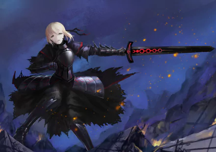 A dynamic HD wallpaper featuring Saber Alter, a blonde woman warrior with short hair and green eyes, wielding Excalibur in intricate armor against a dramatic backdrop.
