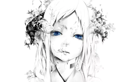A high-definition wallpaper featuring an anime girl with striking blue eyes, surrounded by intricate floral details on a predominantly white background.