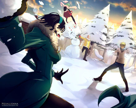 A vibrant HD wallpaper featuring Saitama, Genos, Tatsumaki, and Fubuki from One-Punch Man enjoying a snowy day, playfully interacting in a winter wonderland setting.
