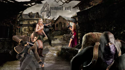 HD desktop wallpaper featuring characters from Resident Evil 4: Merchant, Ada Wong, Ashley Graham, and Leon S. Kennedy, with a video game background setting.