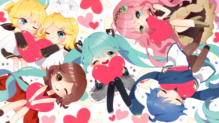 Chibi Vocaloid characters Meiko, Kaito, Luka Megurine, Rin Kagamine, Len Kagamine, and Hatsune Miku hold heart shapes on an HD desktop wallpaper. The image features vibrant colors and animated designs.