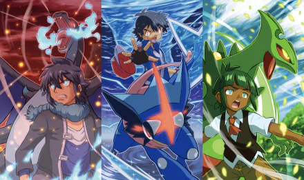 HD desktop wallpaper featuring Alain with Mega Charizard X, Ash Ketchum with Greninja, and Mega Sceptile from Pokémon Anime. The image is dynamic and colorful, showcasing intense battle scenes.