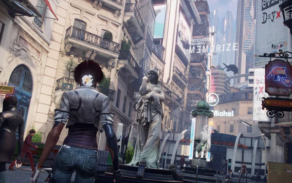 Nilin from Remember Me stands in a detailed futuristic cityscape, featured in an HD PC desktop wallpaper from the Remember Me video game.