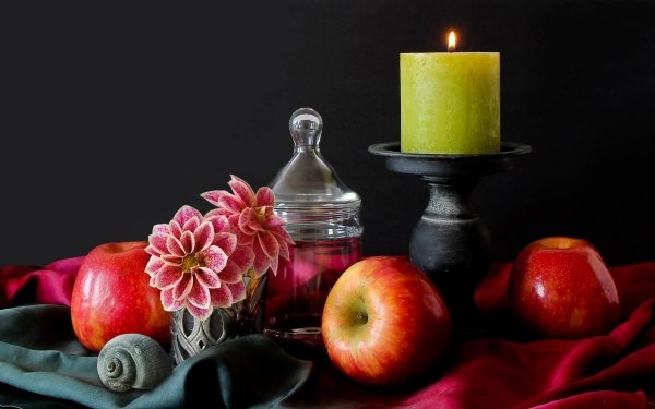 Photography Still Life Candle Flower Apple HD Wallpaper | Background Image
